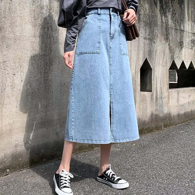 

Elegant Cotton Washed Female A-line Skirt Women High Waist Elegant Split Button Long Denim Skirts with Pockets Spring Autumn Ins