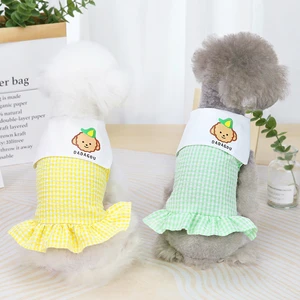 XS-XXL Dog Fancy Dress Dog Clothes Green Yellow Orange Puppy Bubble Plaid Skirt with Animal Embroidery Big Reverse Collar