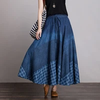free shipping 2021 new long maxi a line skirts women elastic waist spring and summer denim jeans patchwork plaid vintage skirts
