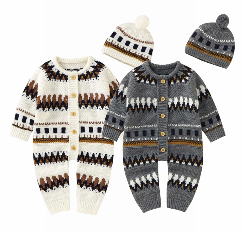 

Newborn Baby Rompers 0-24M Toddler & Infant Knitted Jumpsuits Playsuits Caps Cloth‌es Sets Autumn Winter Kids Boys Girls Outfits