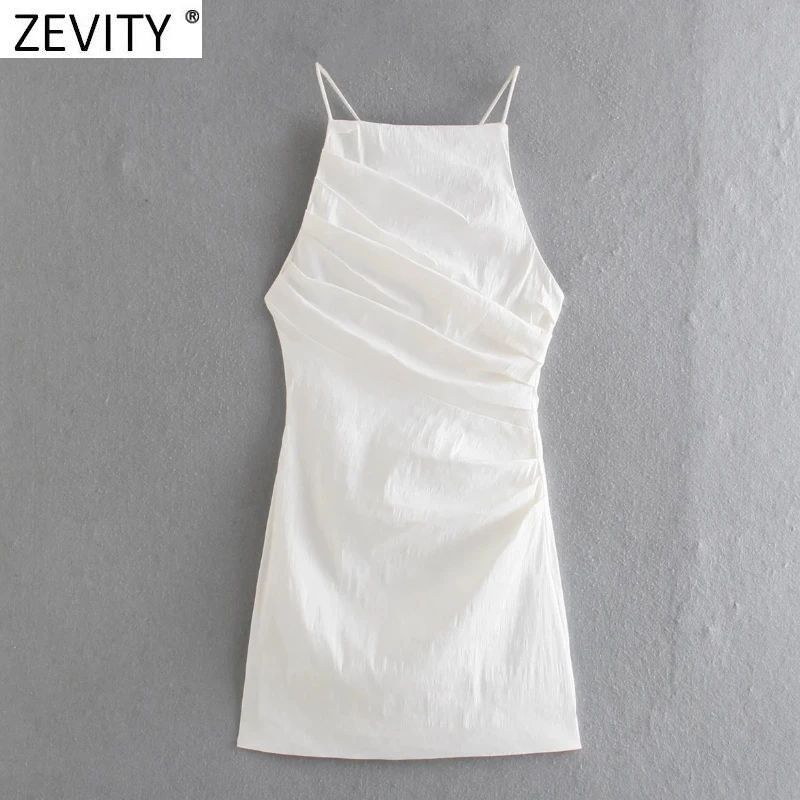 

Zevity 2021 Women Sexy Pleat Design White Sling Mini Dress Female Chic Summer Spaghetti Strap Backless Slim Beach Vestido DS8608