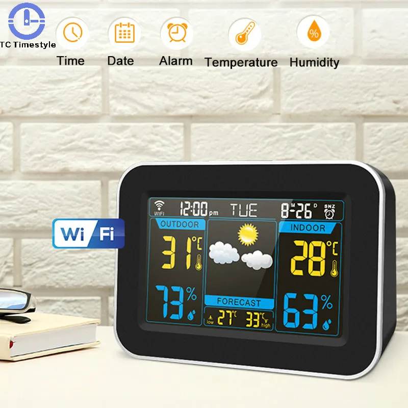 

Цифровой будильник с цветным экраном для прогноза погоды, умный электронный Wi-Fi будильник с функцией измерения температуры и влажности, USB и...