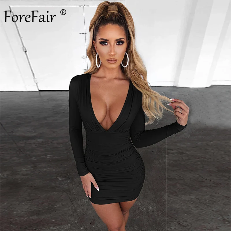 Forefair с длинным рукавом глубокий v образный вырез женское платье сексуальное