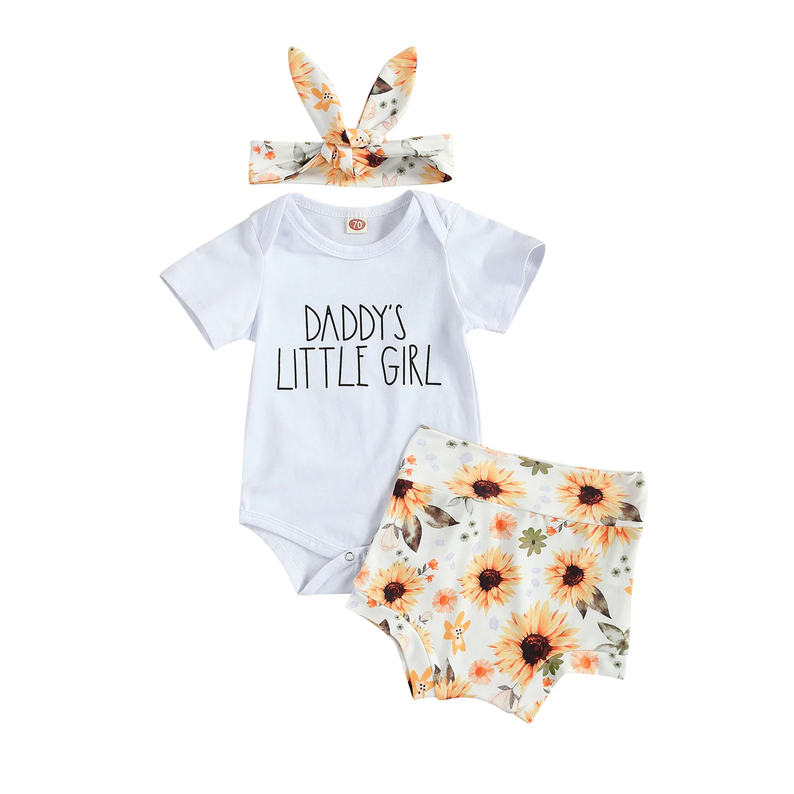 

3Pcs Baby Girls Outfit, Summer Breathable Short Sleeve Round Collar Letter Romper + Sunflower Printing Shorts + Headwear Set
