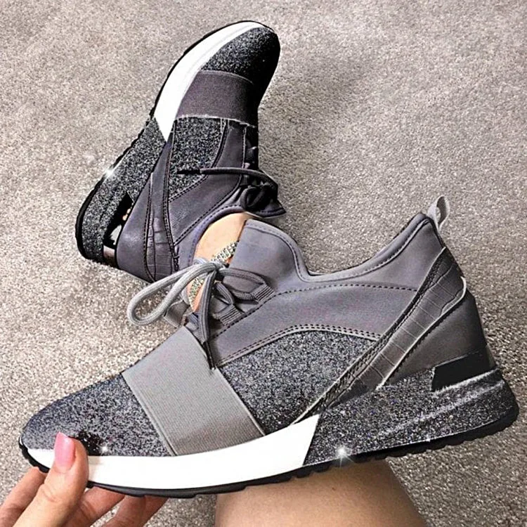 

Women Shoes 2021 Fashion Sequined Casual Sports Shoes Women Lace Up Wedge Sneakers Ladies Non Slip Breathable Women Trainers