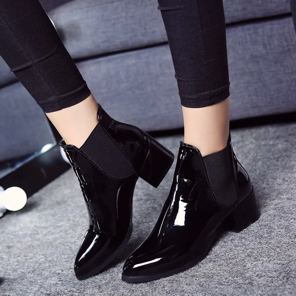 SAGACE Women Boots Fashion Autumn Winter Elasticated Patent Leather Pointed Low Heel Ladies Ankle Short Boot #45 | Обувь