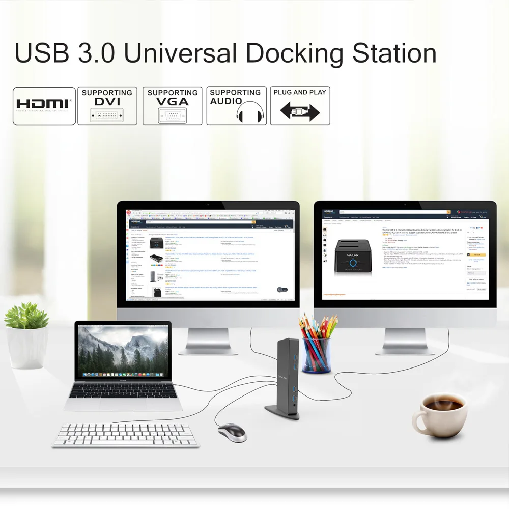 Full HD 2048x1152 USB 3.0 Universal Docking Station+RJ45/DVI/HDMI/VGA/MIC/Audio Port DisplayLink Gigabit Ethernet Online Working