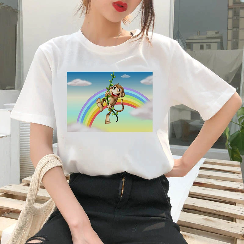 

Women Vintage Style Fashion Little monkey eats bananas Print Funny Summer T shirt Women Princess Short T Shirt