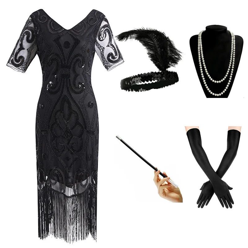 Pure Black Set 1920s платье Гэтсби с Блестками, Бисером, бахромой и Пейсли, винтажное платье, v-образный вырез, 20 s, вечерние аксессуары - Цвет: Pure Black Set