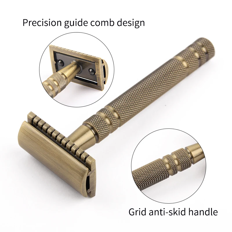 Мужская классическая двухсторонняя ручная бритва с длинной латунной ручкой 3 шт.