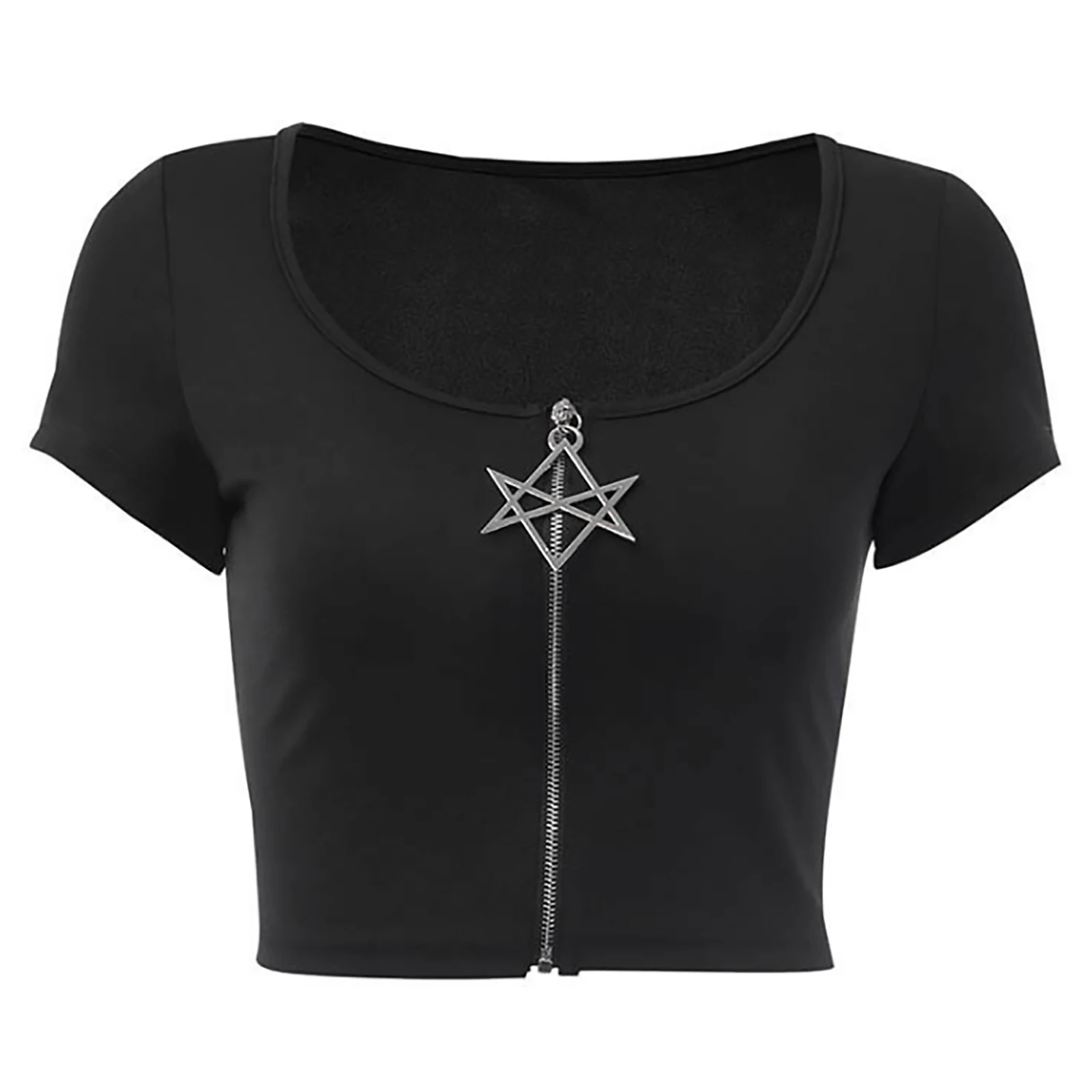 

Summer Streetwear Black Short Tops Punk Geometric Pendant Zipper Crop Top Gothic Scoop Neck Short Sleeve T-shirt for Women Girls