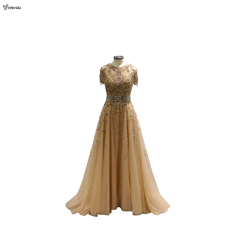 

YYbride New Design Short Sleeves O-Neck A-Line Floor Length Skirt Full Hand Sewing Beading Work Luxury Customized Evening Dress