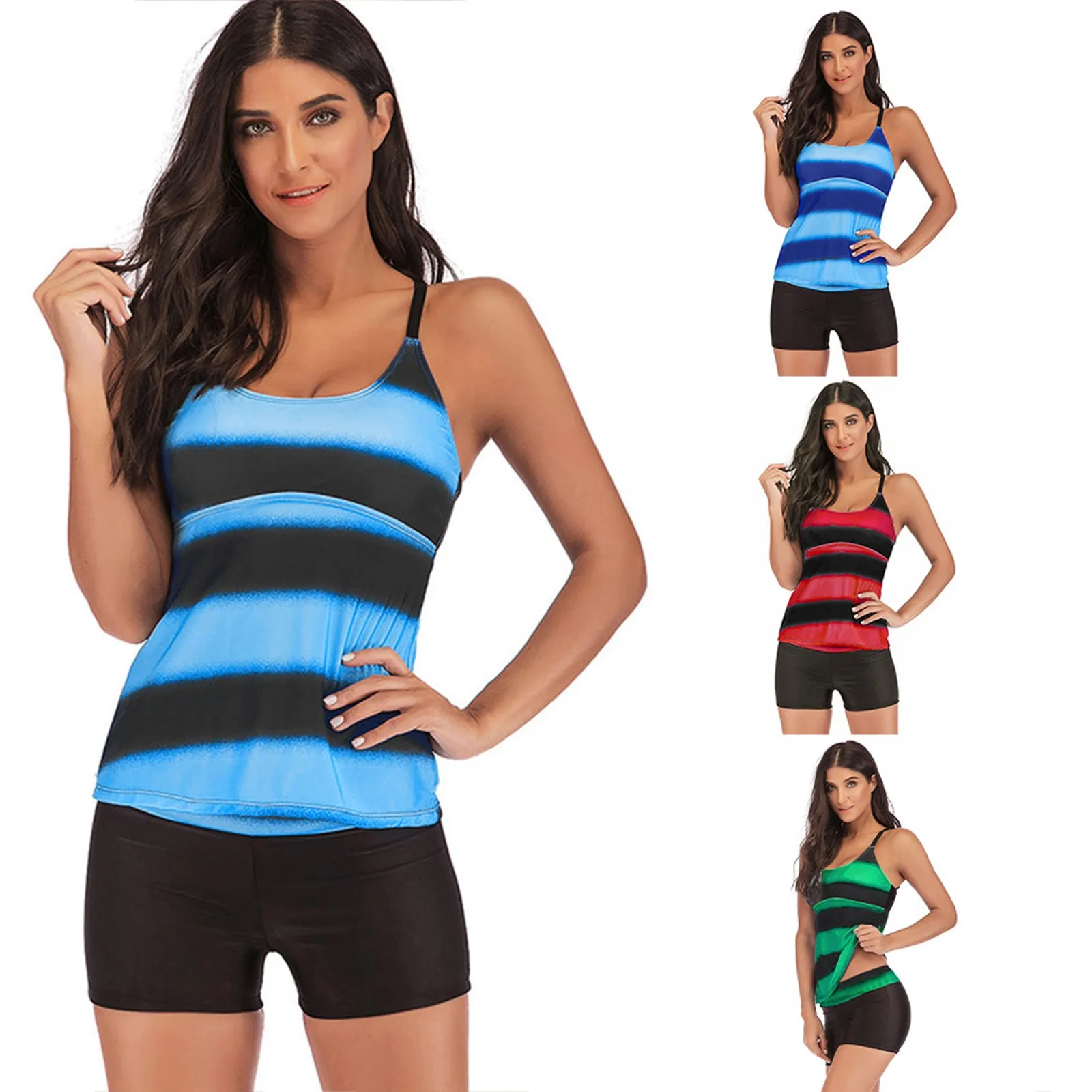 Women Beachwear Plus Size 5xl Tankini Set Push-up Striped Print Two Piece Swimsuit Conservative Summer Beach Swimwear Top+shorts lace up print tankini set swimwear