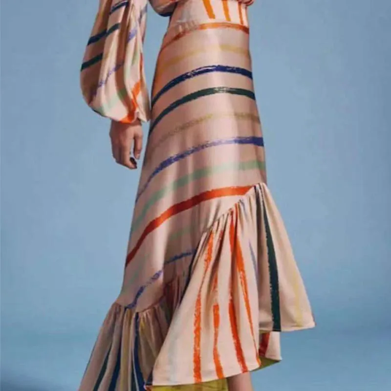 WQJGR Irregular Top 2 Piece Set Women Stripe Splicing Translucent Lantern Long Sleeve O Neck Tops and Skirts Set Fashion