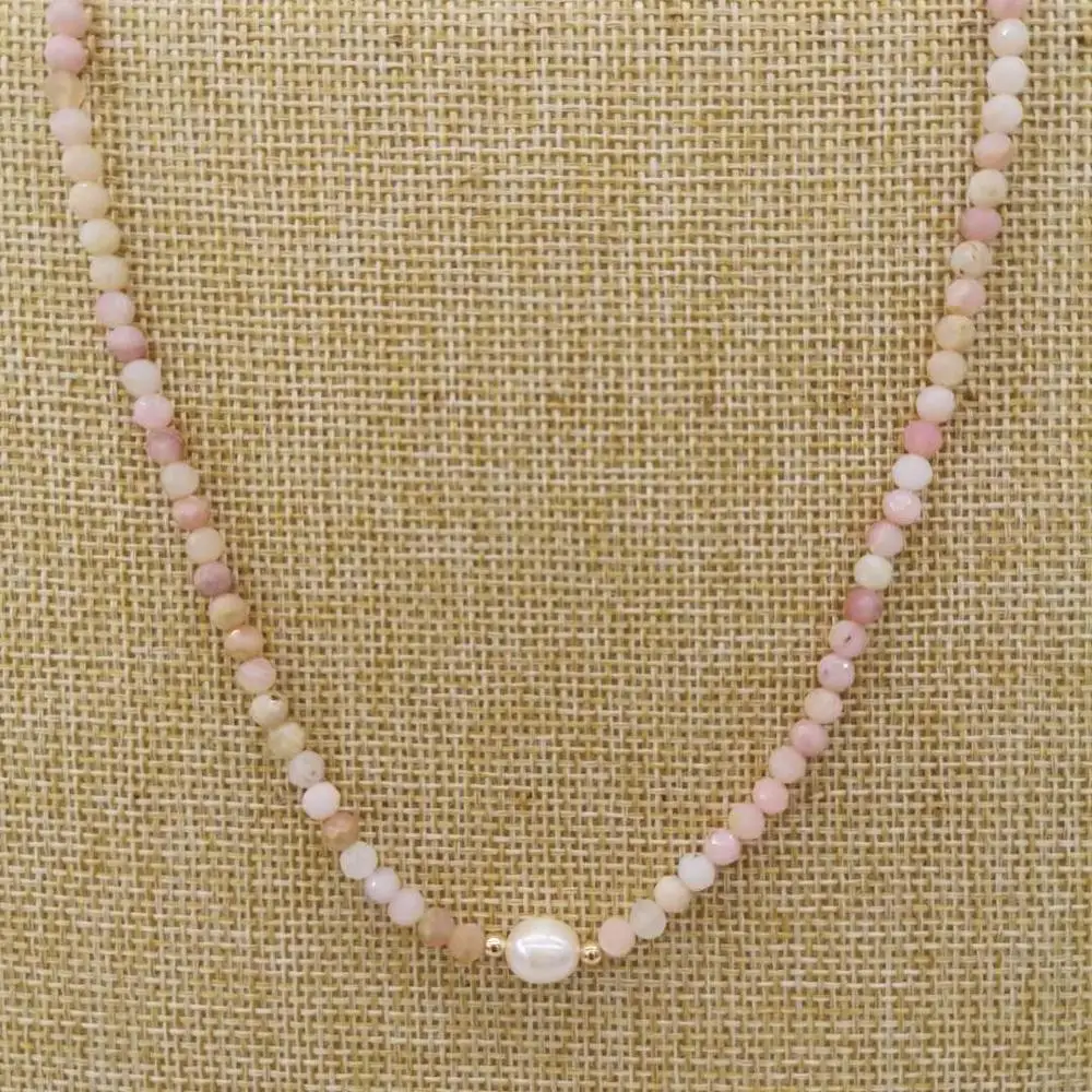 

4mm Pink Opal Necklace Natural Faceted Gemstones Freshwater Pearl 14K Gold Filled Women Jewelry