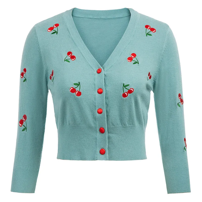 Light Blue Красивое Женское пальто на пуговицах, трикотажное пальто с вышивкой вишни, мягкий милый весенний свитер, кардиган, топы, Женская куртка, болеро - Цвет: Light Blue