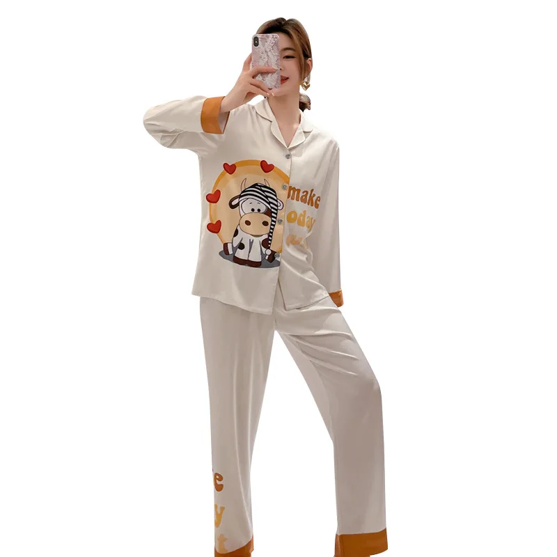 

2021 Spring New Print Sleepwear Women's Long-Sleeved Trousers Ladies Pajamas Set Home Clothes Nightwear