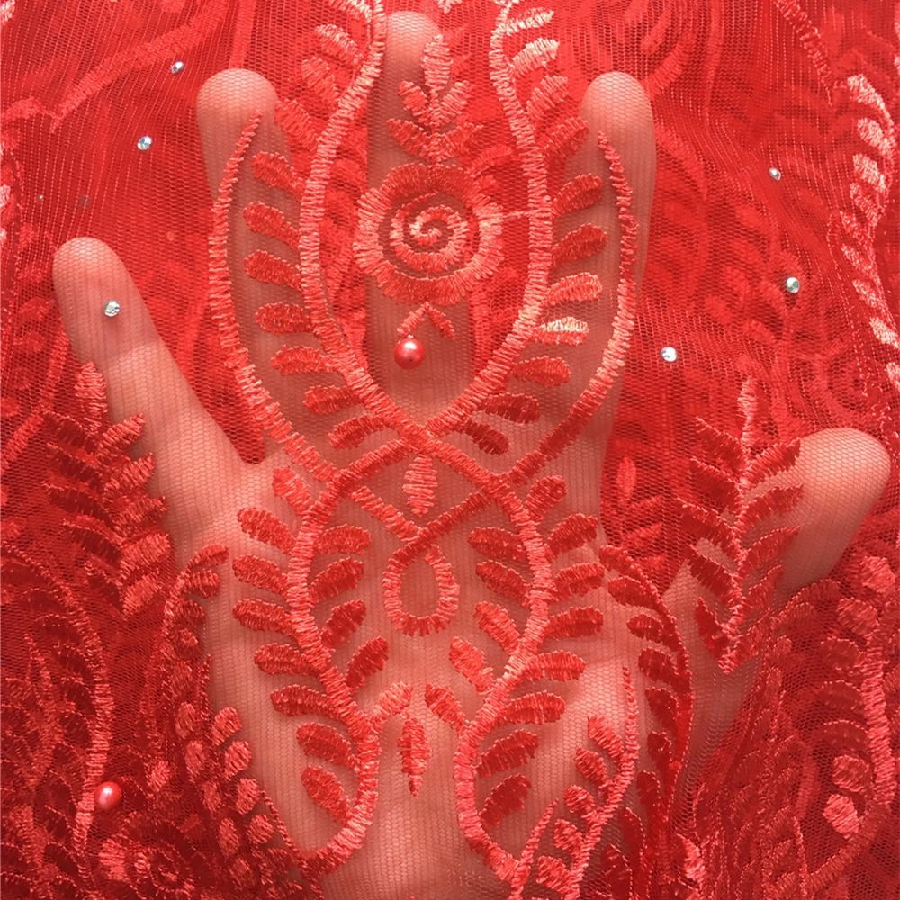 Желтая вышивка Анна французская сетчатая кружевная ткань с камнями и бусинами 5