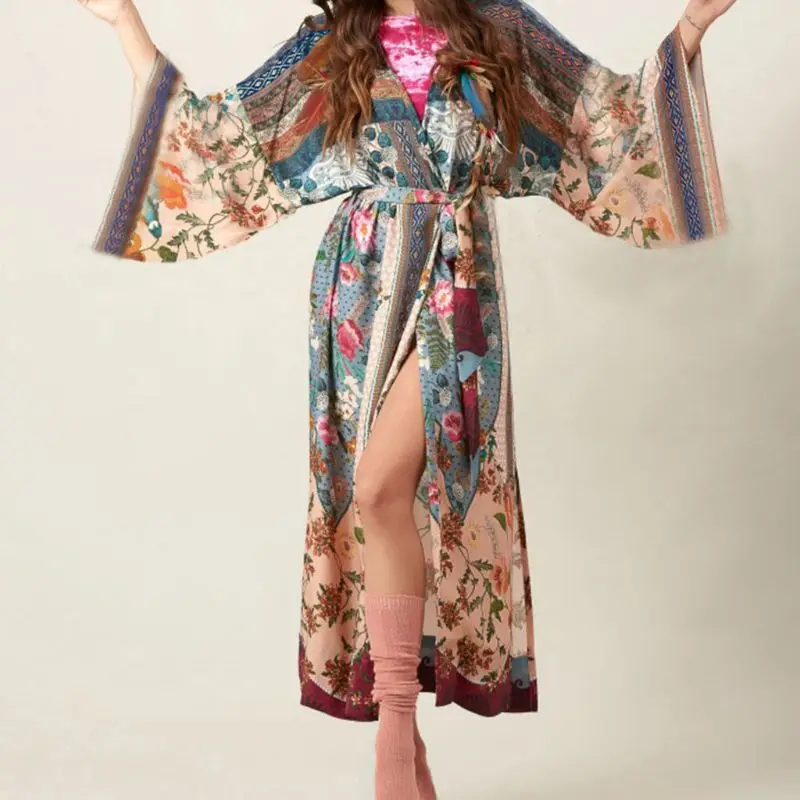 

Women Beach Swimsuit Cover Up Boho Floral Printed Open Front Kimono Cardigan Long Sleeves Belted Wrap Front Side Split Maxi Robe