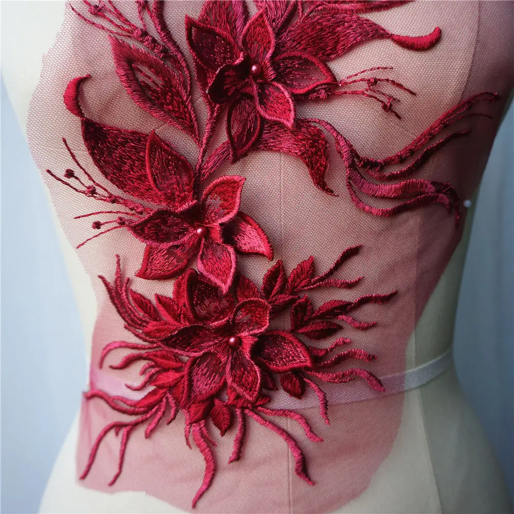 Винно красная 3D Цветочная кружевная ткань для платьев оторочка с аппликацией