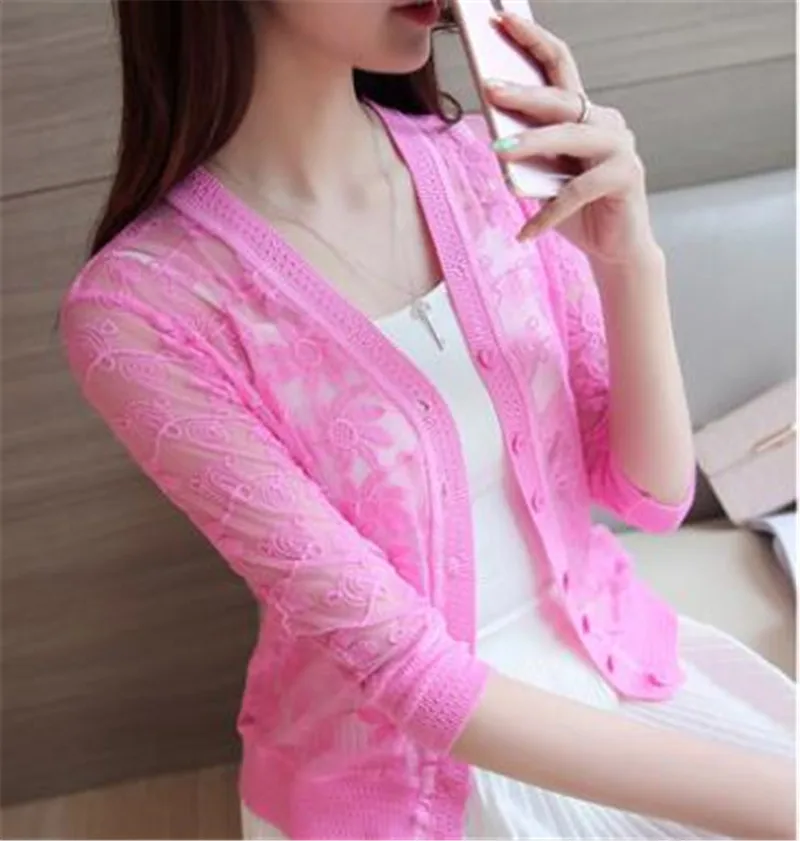 

2017 spring summer thin cardigan plus size womens knitted cardigan shirt lace crochet sexy sweater short coat Sunscreen clothing
