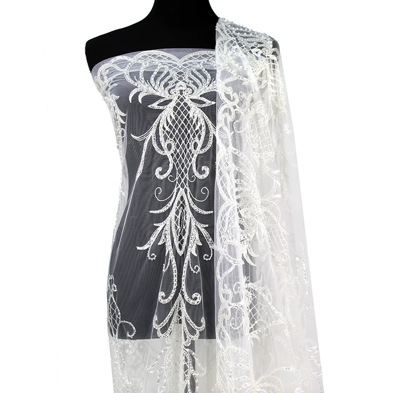 

Luxury Design Bride African Sequins Net Tulle Pearl Heavy Beaded White Lace Fabric Elegant Women Glitter Wedding Dress Material