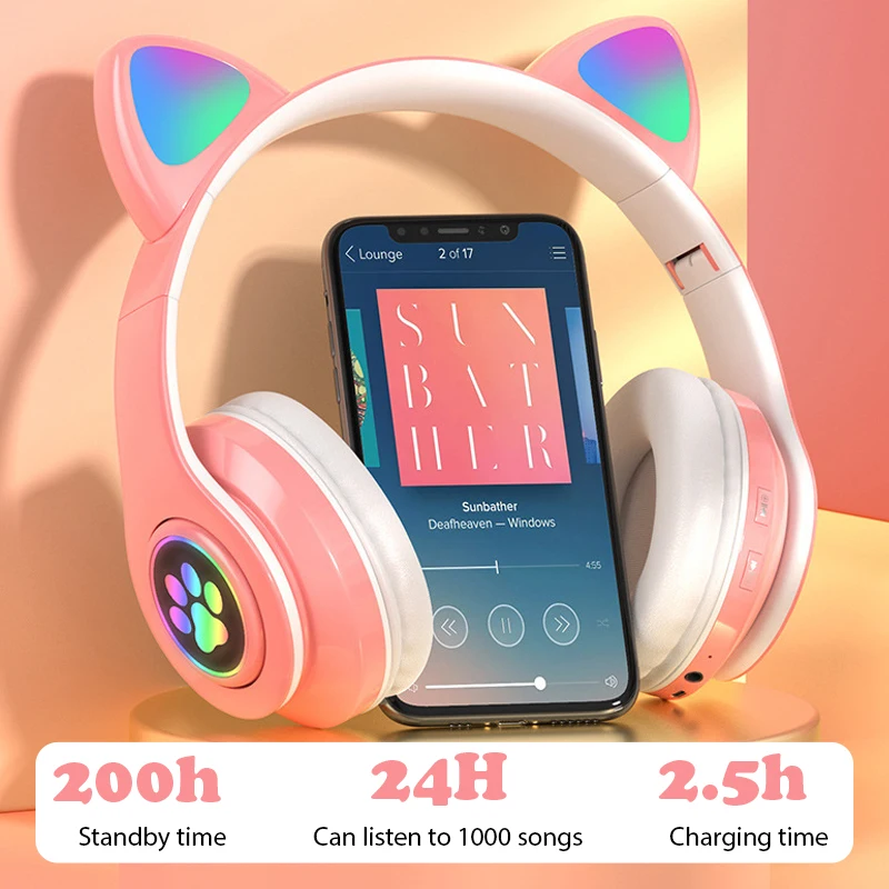 Беспроводные наушники DATA FROG с кошачьими ушками и мигасветодиодный светильник