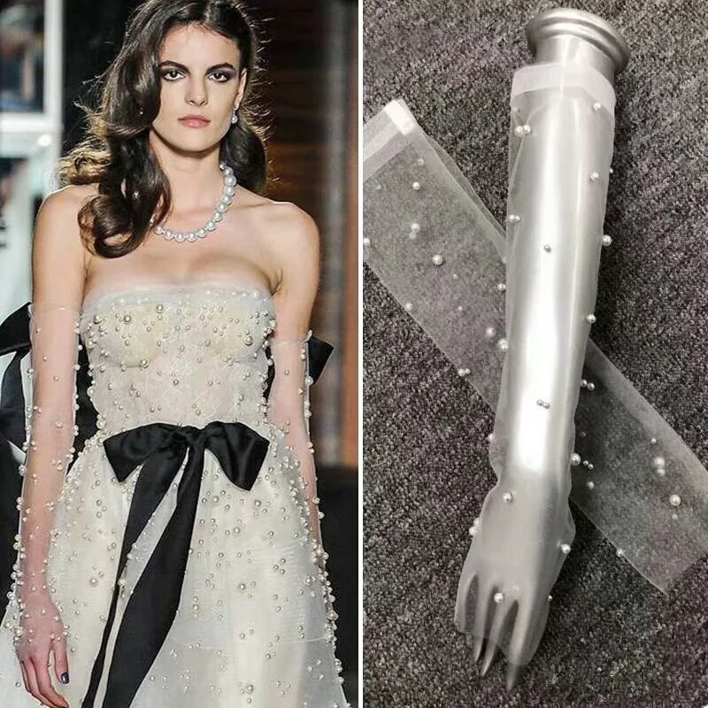 Роскошные Длинные тюлевые женские свадебные перчатки 2019 без пальцев с жемчугом и