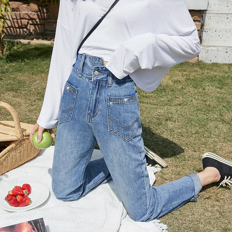 

Irregular Jeans Harem Denim Pants Womens High Waist Jeans Streetwear Harajuku Loose Long Design Sense Pants Females Hot Drilling