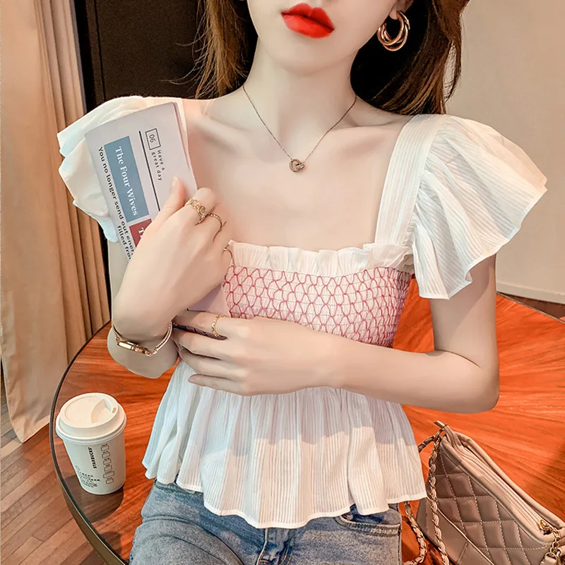 

Summer Tees Top Women Clothes Casual Ruffles T-Shirts Mujer Cropped Tops Square Collar Short Sleeves Blouse Polyester Harajuku F
