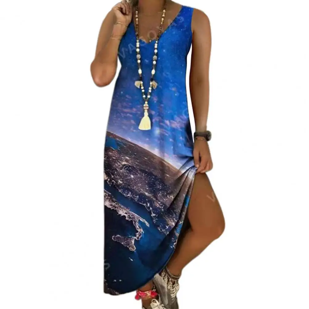 

Summer Dress Women Dresses Bohemian Plaid Print V Neck Summer Tree Mountain Print Sleeveless Dress Beach vestido de mujer 2021