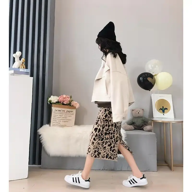 

Leopard Print Knitted Skirt Women's Loose Dress Sweater Woman Skirts Faldas Jupe