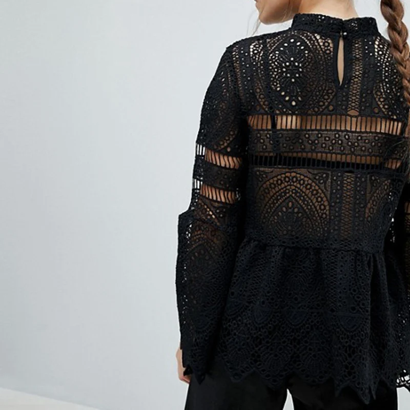 

Women Lace Blouse Elegant Formal Embroidery Long Sleeve White Shirts Office Lady Flower Hollow Fashion Female Chemise Clothing