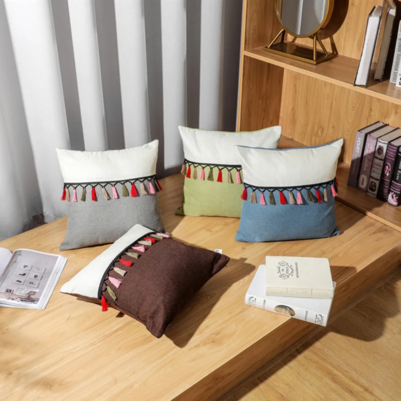 

Home Decor Canvas Cotton Tassel Pillow Cover Cushion for Sofa Livingroom Chair Comfortable 45x45cm Pillow Case Decorative