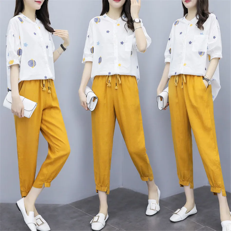 Корейский модный костюм женская шифоновая рубашка с принтом и брюки летний