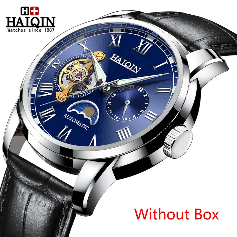 Silver Blue No Box HAIQIN водонепроницаемые мужские часы с скелетом из нержавеющей стали, роскошные брендовые прозрачные механические Спортивные мужские наручные часы - Цвет: Silver Blue No Box