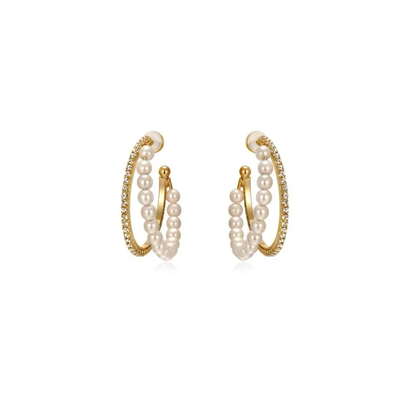 

TIMEONLY Temperament Double Layered Simulated Pearl Earrings for Women Mujer Rhinestones C Shape Hoop Earrings Wedding Jewelry