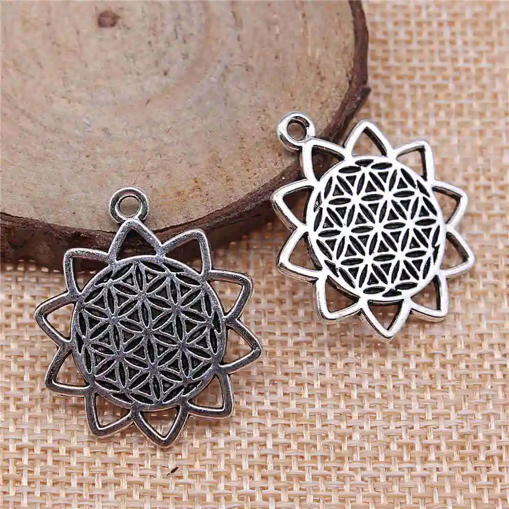 

Handmade Pendants For Jewelry Accessories 8pcs The Flower Of Life, The Seed Of Life Charms 29x25mm Antique Silver Plated