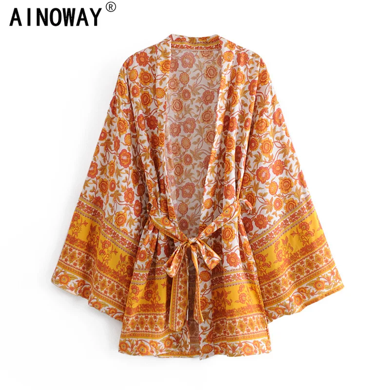 Бохо винтажный желтый цветочный принт пояс Женский богемный V-образный вырез