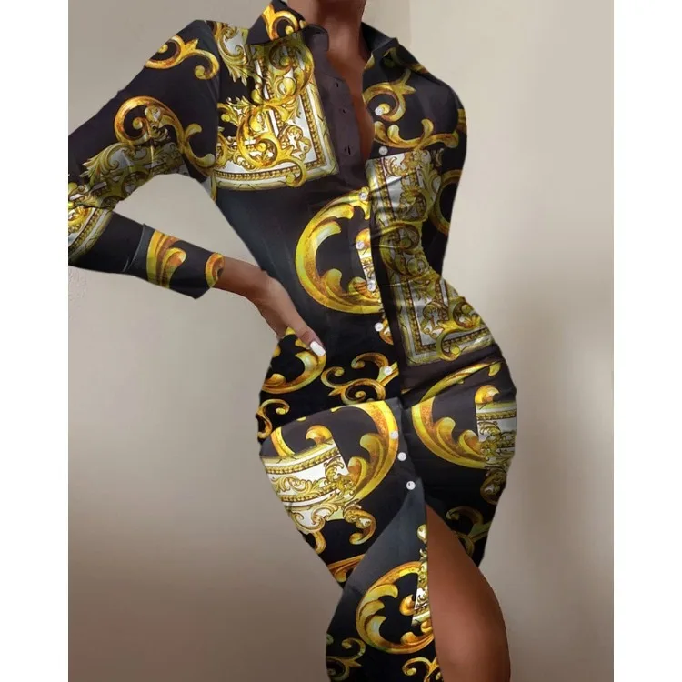 Women's shirt dress long sleeve sexy waist waist printed cardigan shirt