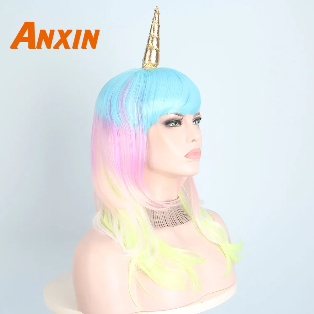 Длинный кудрявый парик Anxin с единорогом радужного цвета челкой для женщин