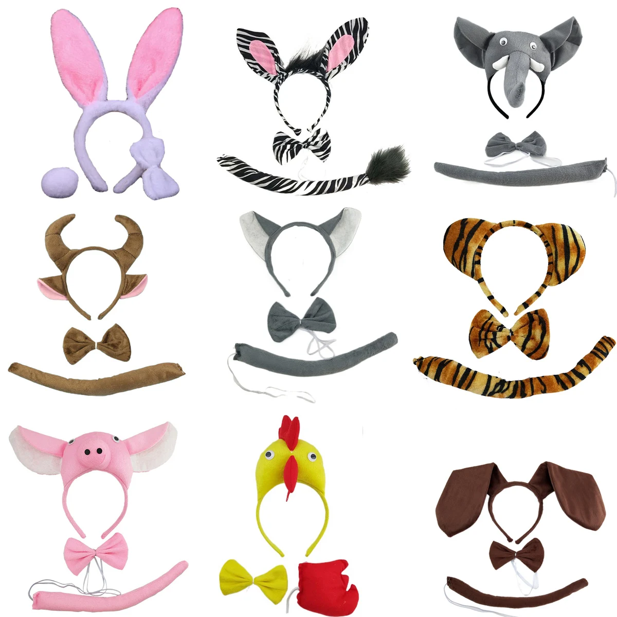 

9 Pack Animal Ear Headbands Plush Tail Bow Tie Costume Set Halloween Birthday Party Bunny Dog Pig Giraffe Tiger Wolf Christmas