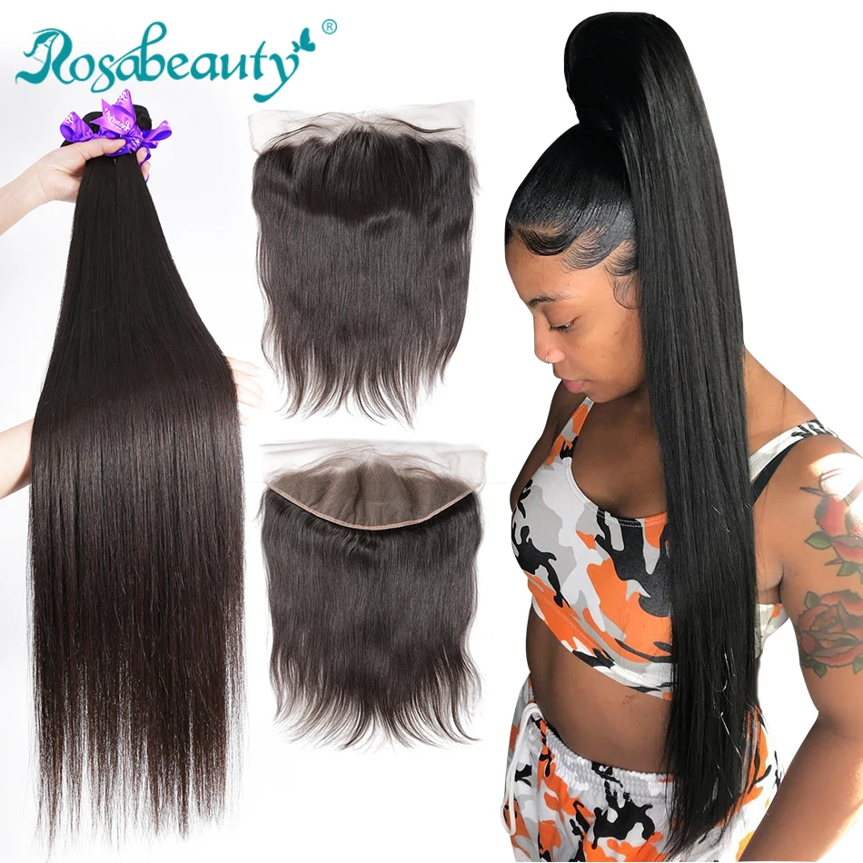 Rosabeauty прямые 8-28 30 40 дюймов Пряди с фронтальной кружевной застежкой дешевые Remy бразильские человеческие волосы