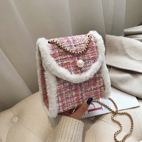 Pink Элегантная женская квадратная сумка через плечо зимняя новая качественная шерстяная женская дизайнерская сумка с жемчужной цепочкой сумки через плечо - Цвет: Pink