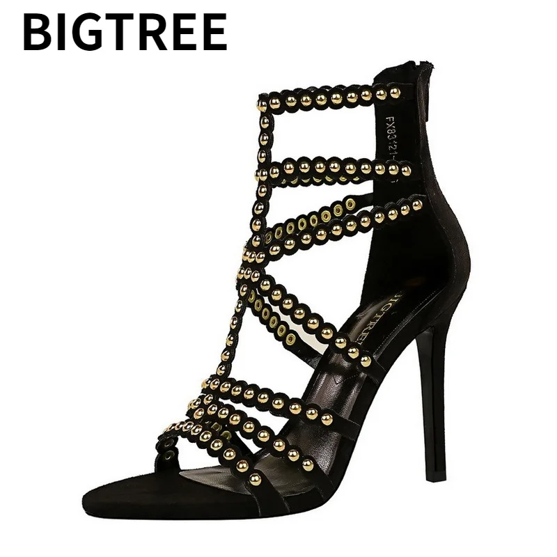 

BIGTREE Retro Rivet Women Thin High Heel Fashion High Heel Summer Sexy Women's Shoes Hollow Open Toe Metal Rivet Roman Sandals