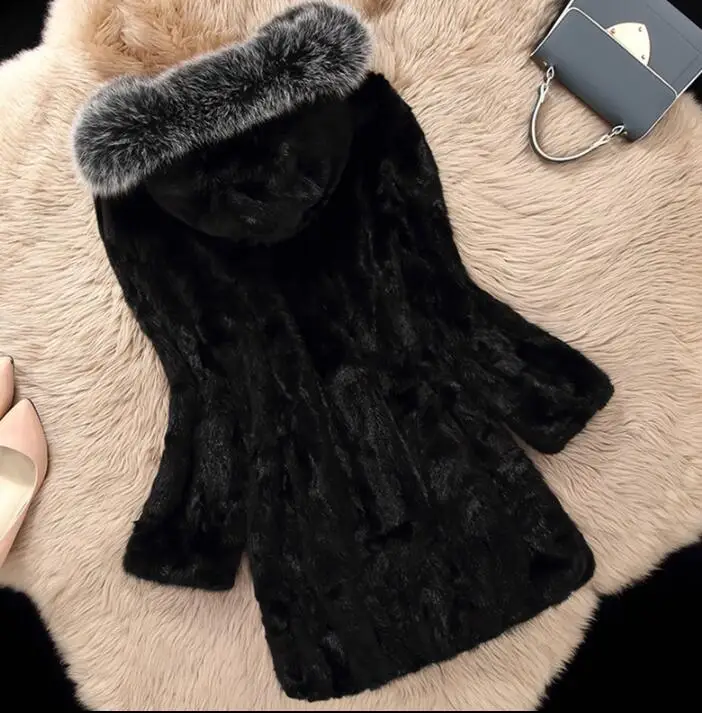 Autumn faux mink fur leather jacket womens warm fur leather coat women loose jackets winter thicken fashion black hoode