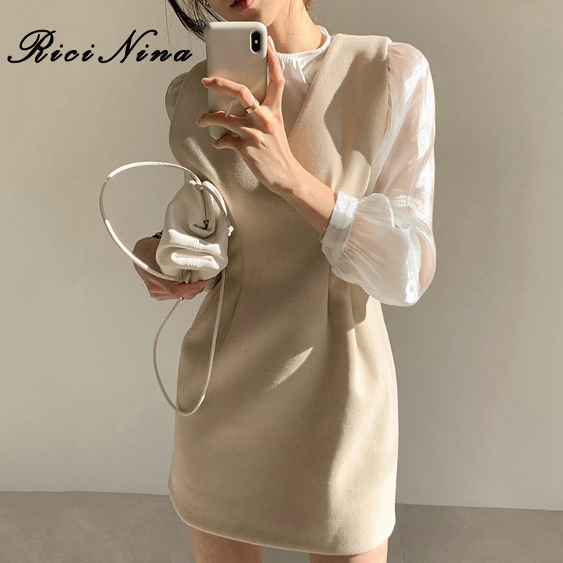 RICININA Wool Dress Women Sleeveless V Neck Solid Chic Mini Elegant Casual Short Dresses For Ladies Spring 2020 | Женская одежда