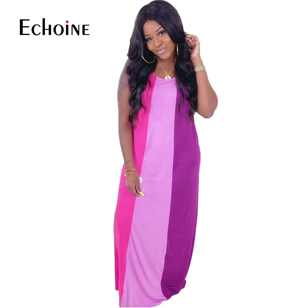 Женское длинное платье в полоску без рукавов с круглым вырезом|Женские платья| |