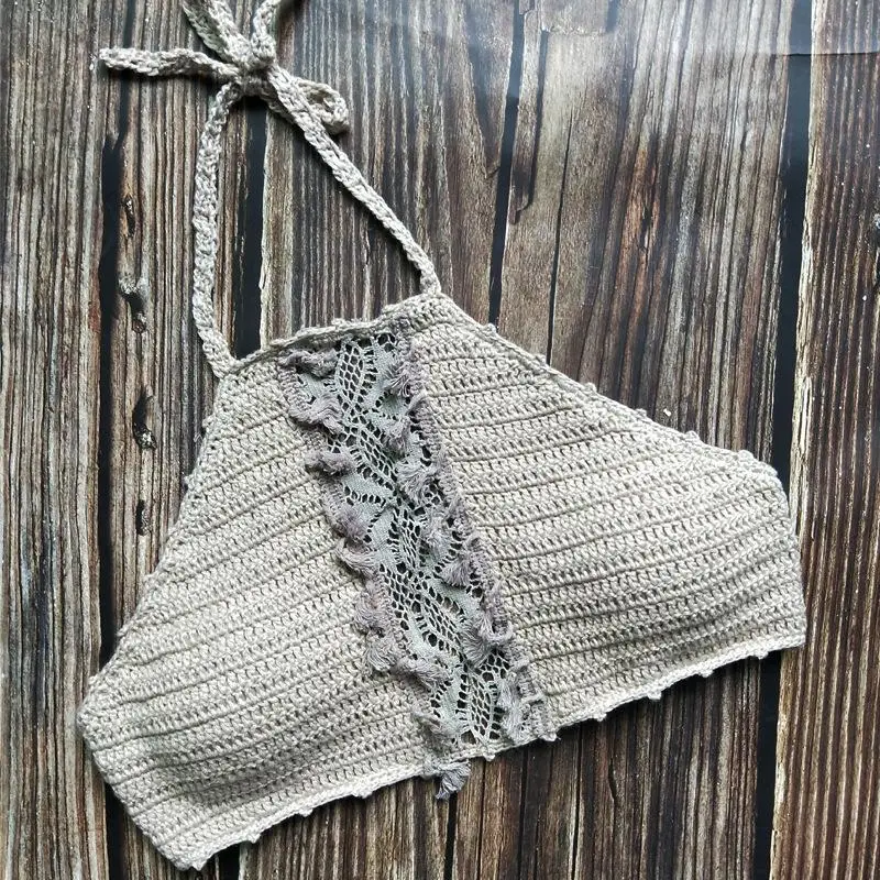

Cheap Sexy Hollow Tassel Bikini 2021 Halter Swimwear Women Push Up Swimsuit Female Crochet Knitted Biquini Beachwear Women New