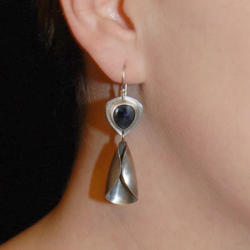 

Personality Creative Popular Retro Gothic Style Jewelry Thai Silver Wind Bells Lapis Lazuli Earrings Banquet Party Birthday Gift
